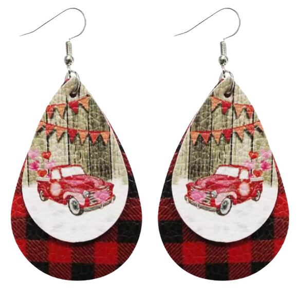 Country Style Vegan Leather Plaid Holiday Earrings - Picture 3 of 3